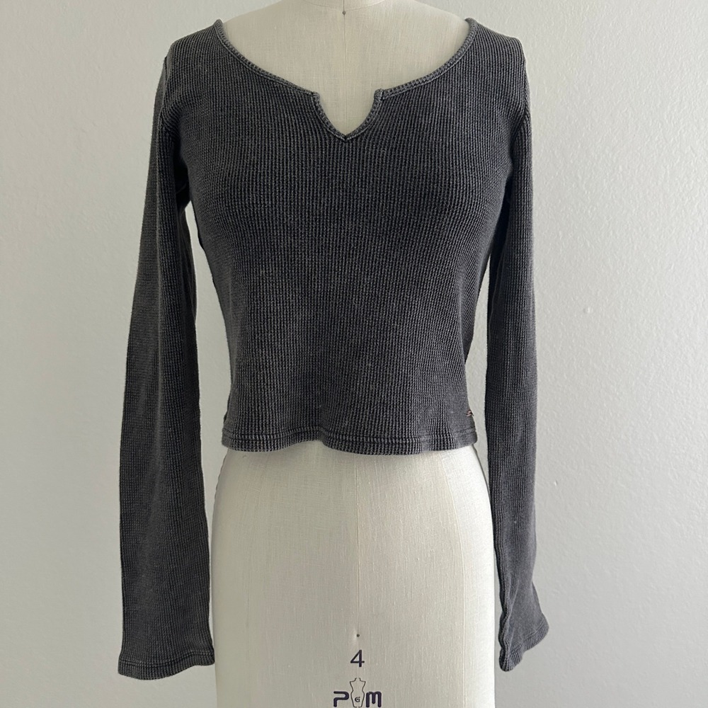 PINK Victoria's Secret Waffle Knit Top Womens L Gray Notch Neck Cropped Thermal